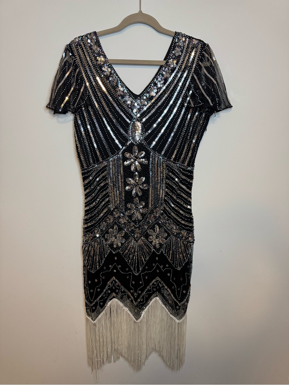 Black Beaded Fringe V-Neck Flapper Dress XL
